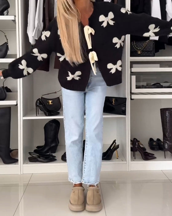 Bow beaded lace-up cardigan