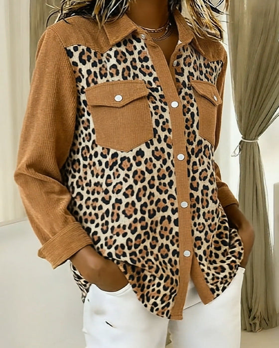 Long-Sleeved Leopard Print Patchwork Shirt