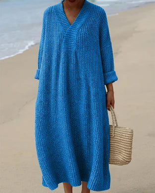 V-Neck Loose Solid Color Sweater Dress