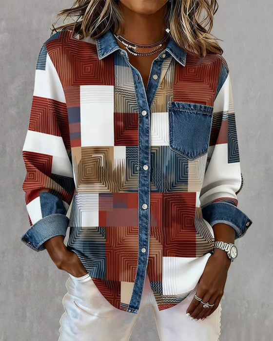Color Block Fashionable Lapel Shirt