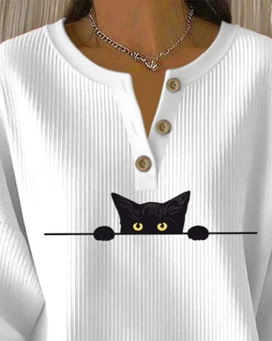 Button-Up Casual Printed Striped Sweatshirt