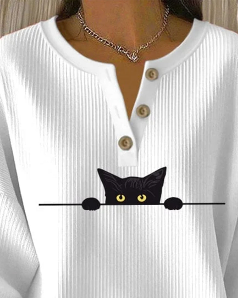 Button-Up Casual Printed Striped Sweatshirt