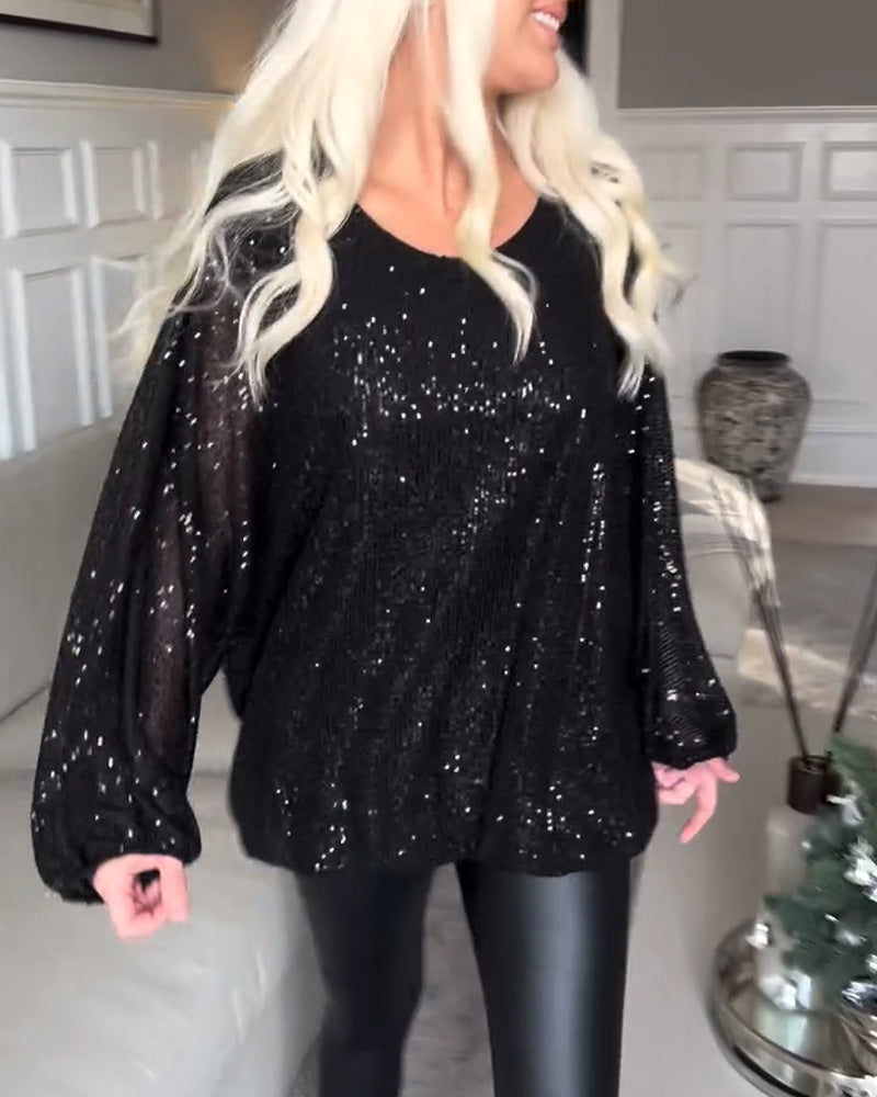 Balloon sleeve round neck sequin top