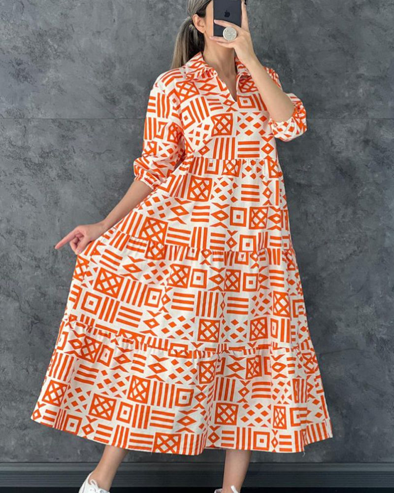Geometric print lapel dress