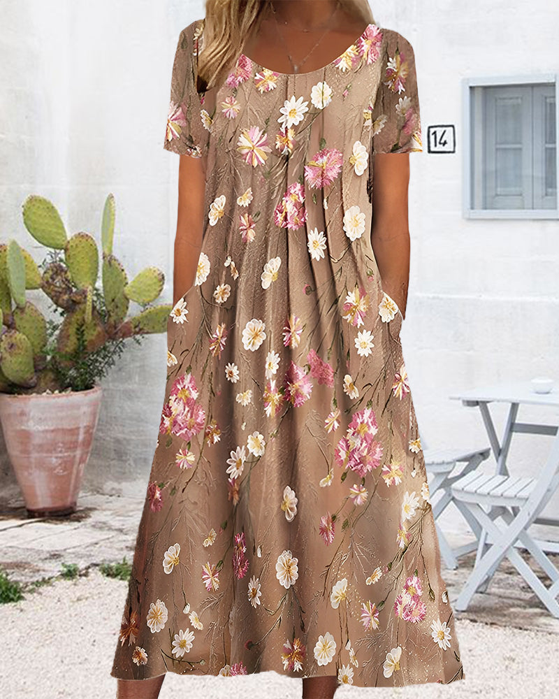 Round neck floral print short sleeve dress