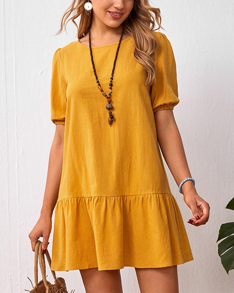 Cotton Linen Dress with Puff Sleeves
