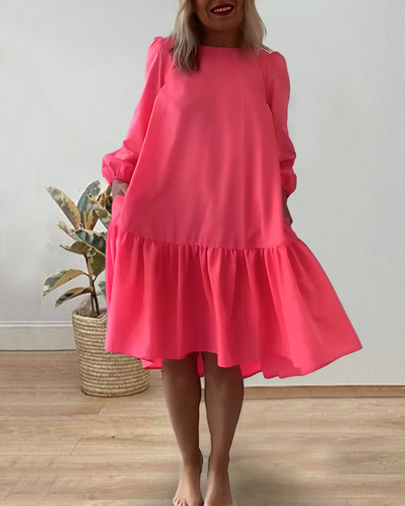Solid color round neck long sleeve dress