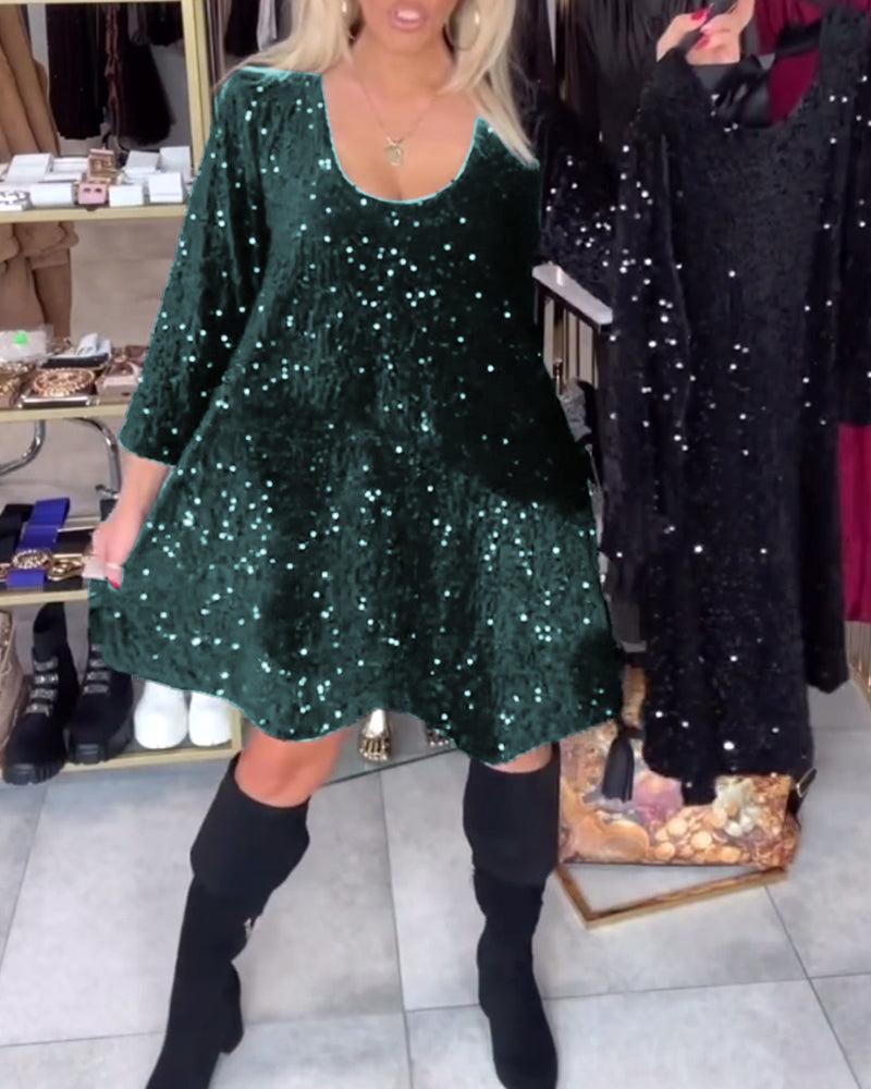 Velvet Sequined Dress With Wide Neckline