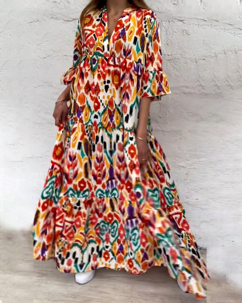 Color Print A-Line Dress with V-neck