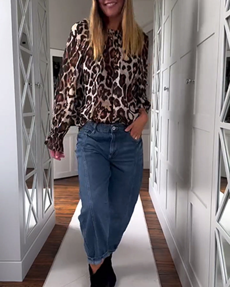 Fashionable Puff Sleeve Leopard Print Top
