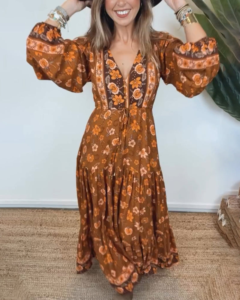 Vintage floral print V-neck lantern sleeve dress