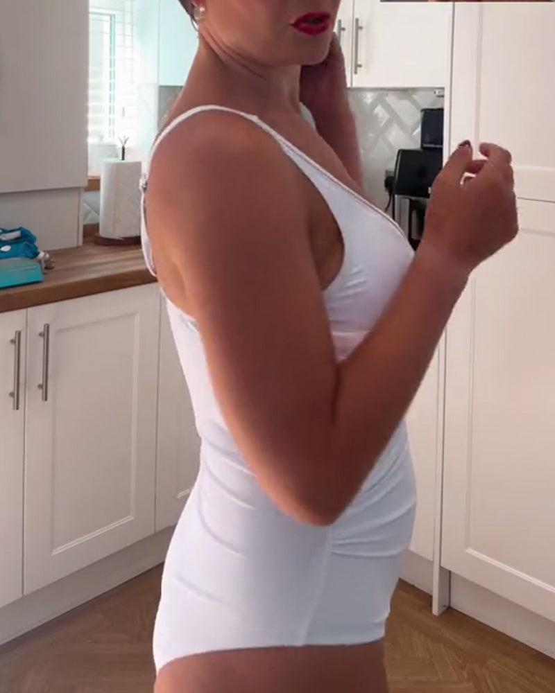 Spliced mesh solid color one-piece swimsuit