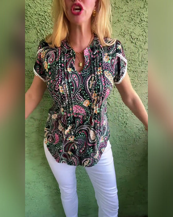 Petal Sleeve Pleated Print Blouse