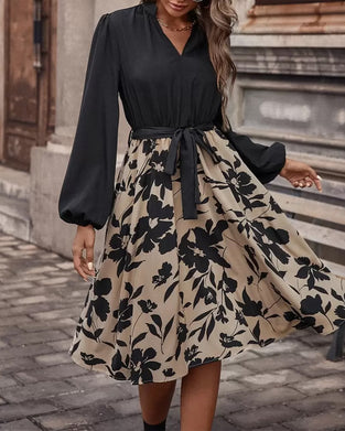 Lantern Sleeve Waist Print Dress