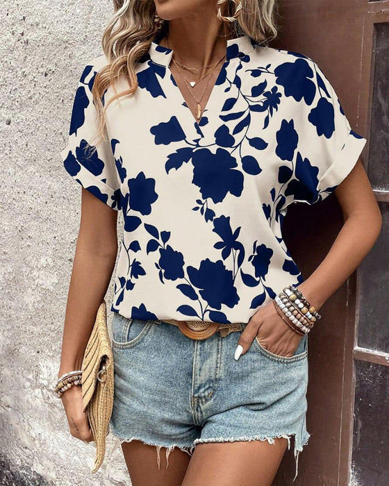 V-Neck Bat Sleeve Printed Shirt