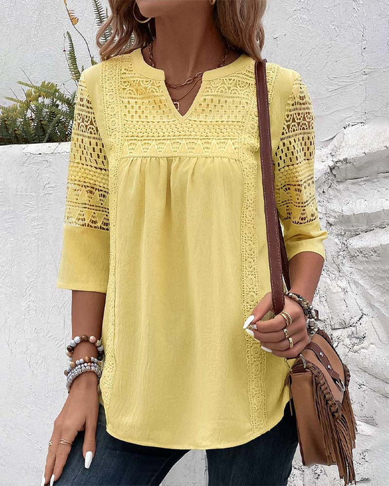 Hollow 3/4 sleeve solid color top