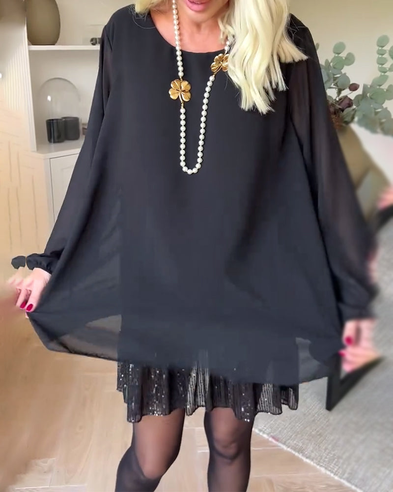 Solid Color Round Neck Patchwork Dress