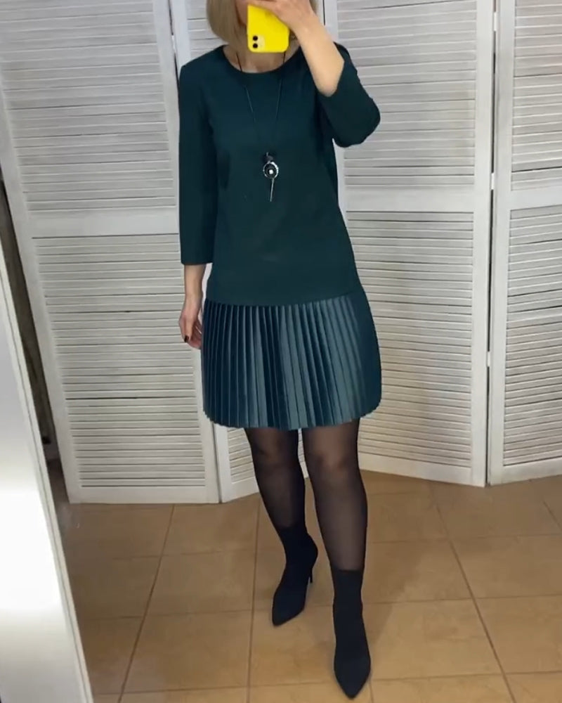 Pleated patchwork solid color dress