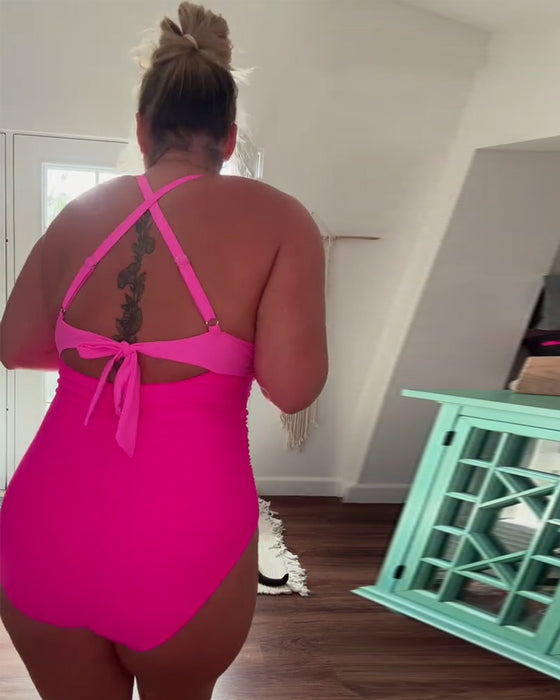 Fashionable Color Block Halter One Piece Swimsuit