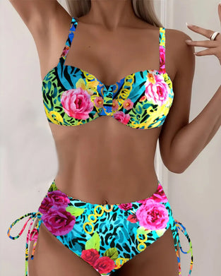 Floral Print Sexy Bra Triangle Lace-Up Bikini