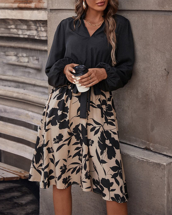 Lantern Sleeve Waist Print Dress