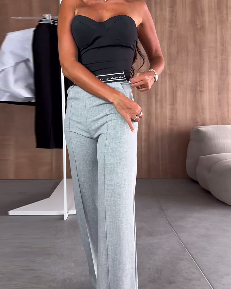 Casual solid color zipper pocket straight pants