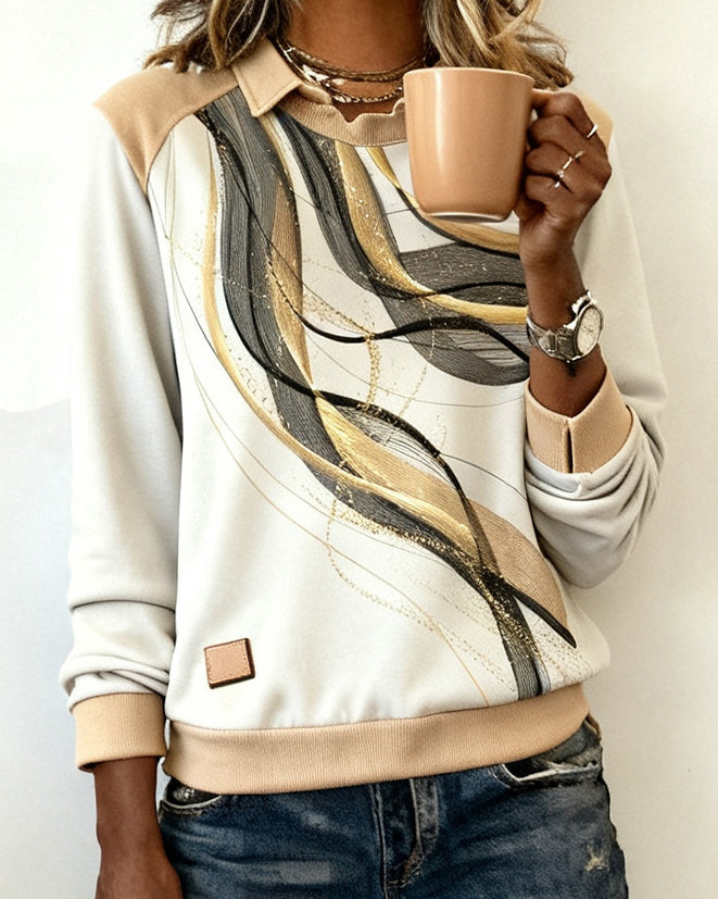 Long-Sleeved Lapel Printed Sweatshirt