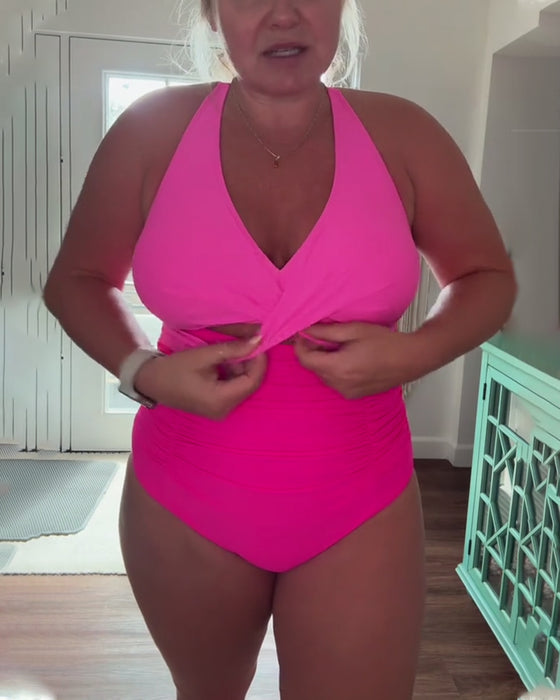 Fashionable Color Block Halter One Piece Swimsuit