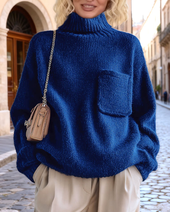 Fashion Loose Pocket Turtleneck Pullover