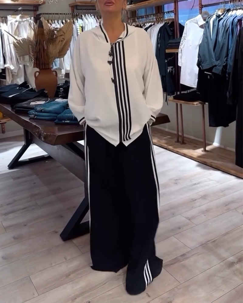Hooded striped casual two-piece set