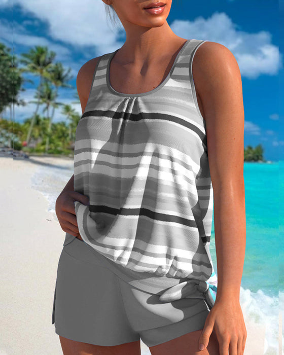 U Neck Stripe Print Tankinis