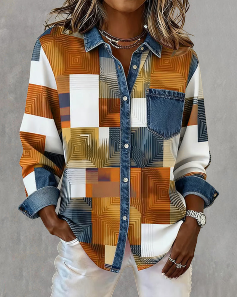 Color Block Fashionable Lapel Shirt