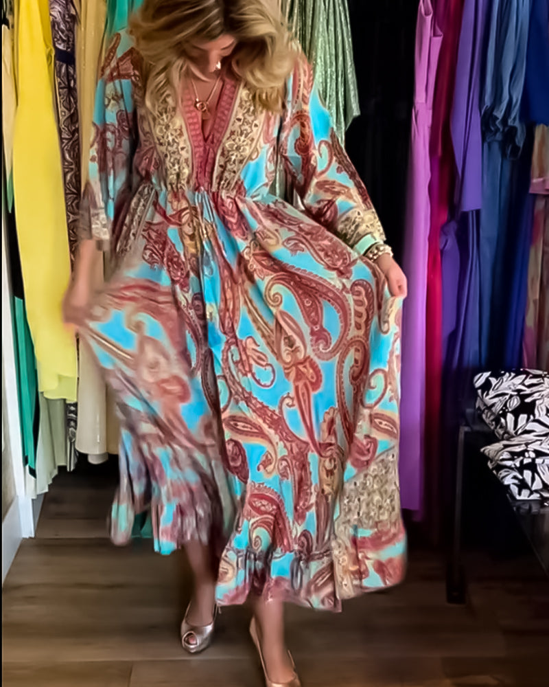 Fashion print long sleeve long dress