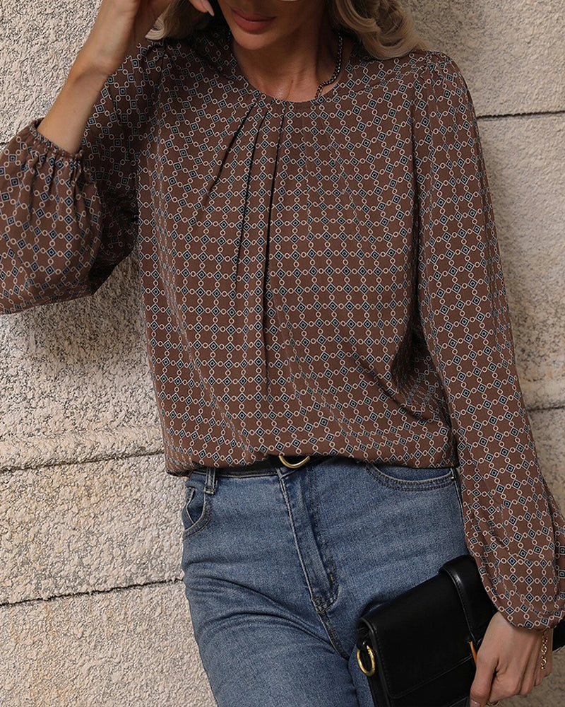 Retro geometric print crew neck top