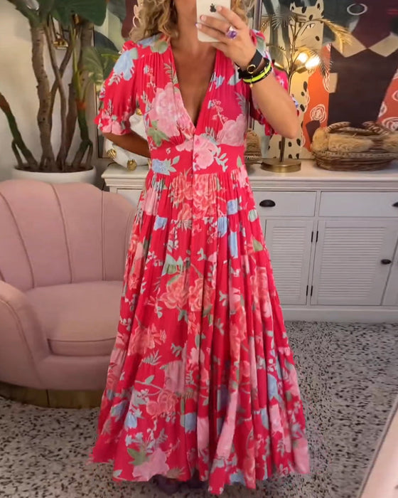 Floral print v-neck pocket dress