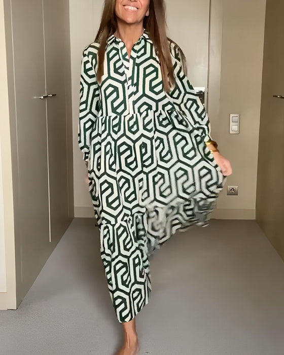 Geometric Print Nine Points Sleeve Dress