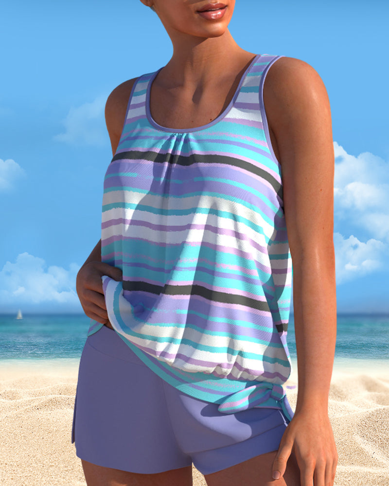 U Neck Stripe Print Tankinis