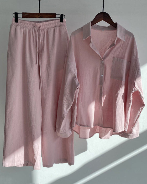 Solid color shirt pants two piece set