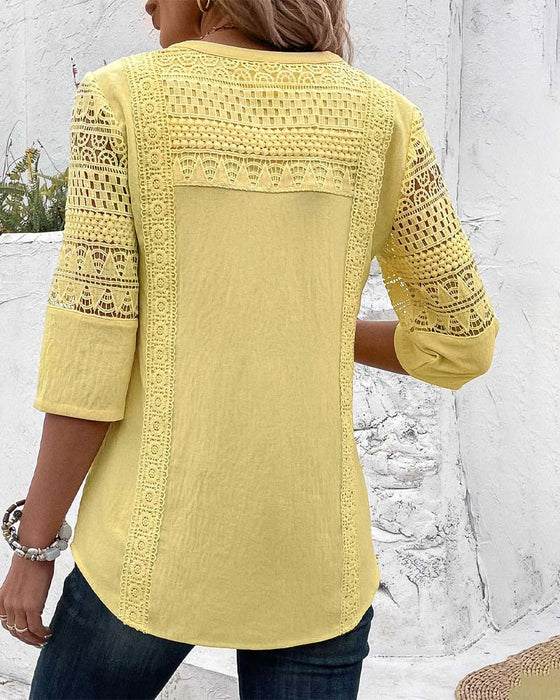 Hollow 3/4 sleeve solid color top