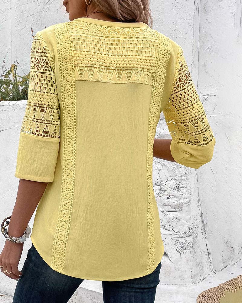 Hollow 3/4 sleeve solid color top