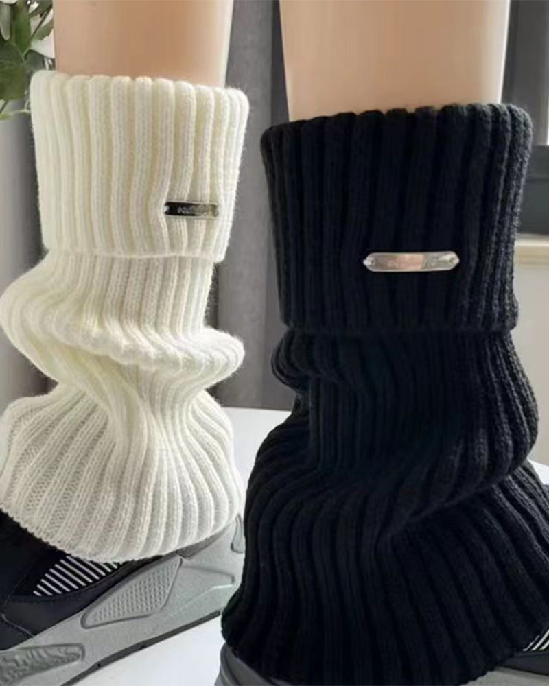 Women's Basic Solid Metal Label Decor Leg Warmers, Minimalist Womenswear