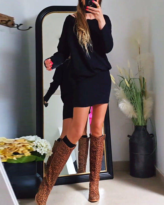 Fashion solid color round neck hip-wrapped long sleeve dress