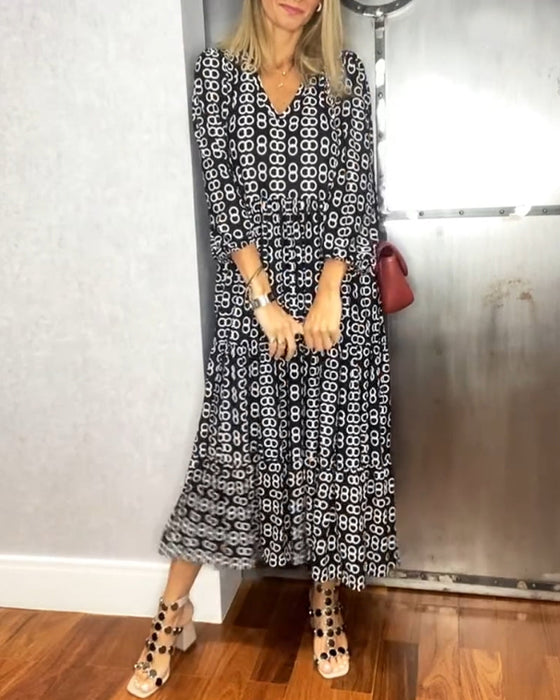Geometric print V-neck elegant long dress