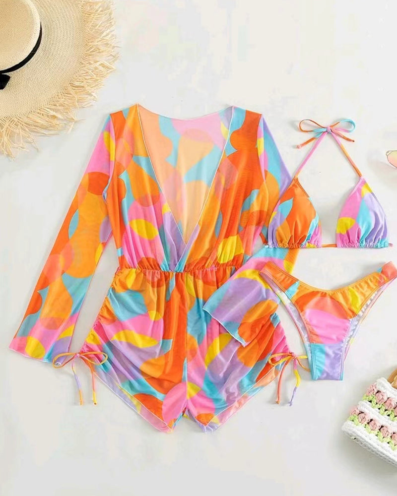 Cover Up Printed Bikini Three-Piece Swimsuit