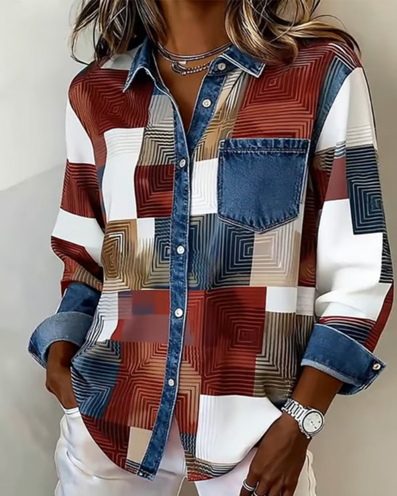 Color Block Fashionable Lapel Shirt