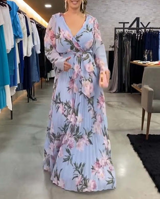 V-Neck Long Sleeve Floral Print Dress
