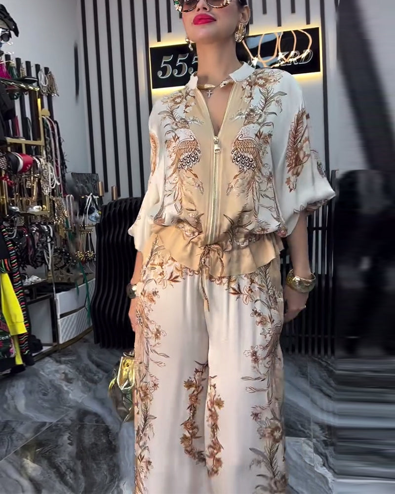 Temperament Stand Collar Zipper Wide Leg Suit