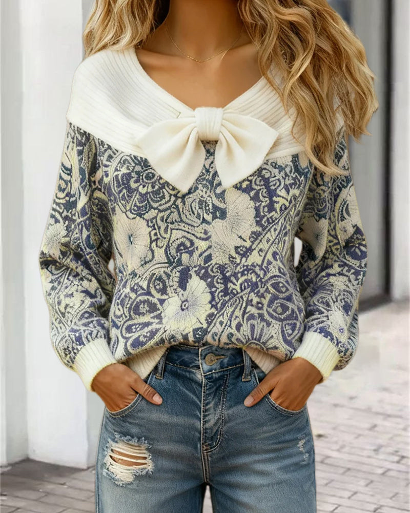 Bowknot Vintage Printed Sweater