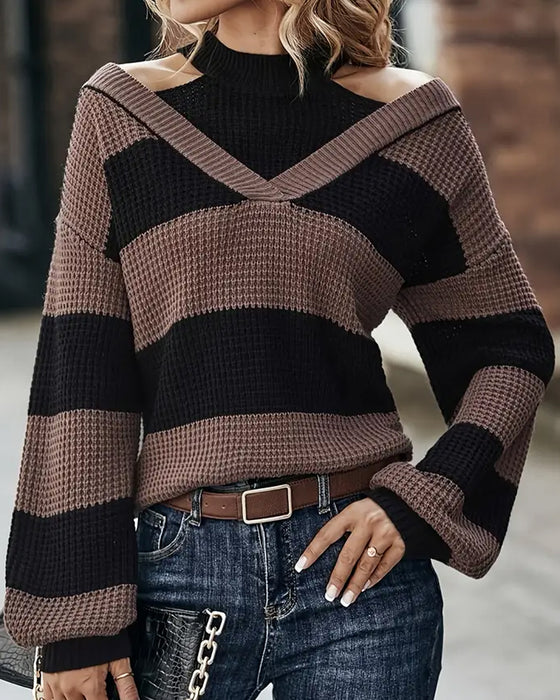 Off-The-Shoulder Striped Fashionable Jumper