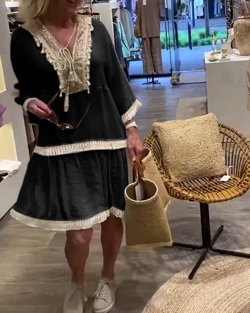 Lace V-neck fringe casual dress